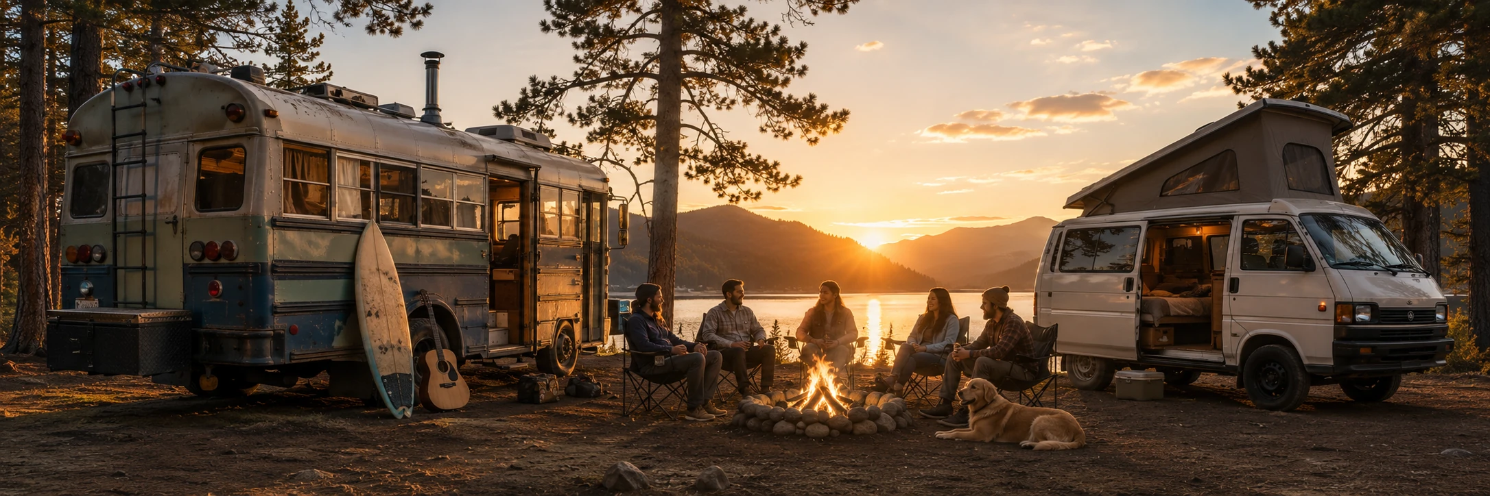 A converted skoolie and a camper van parked at a lakeside campsite at sunset, friends and a dog around a campfire